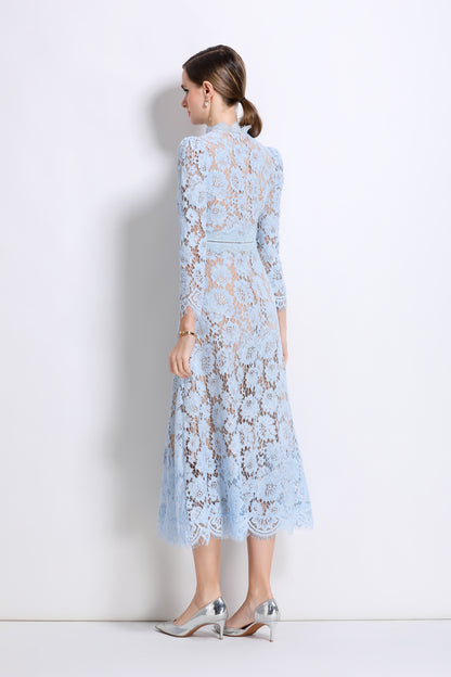 Women's 3/4 Sleeve Lace Overlay Midi Dress - LAI MENG FIVE CATS