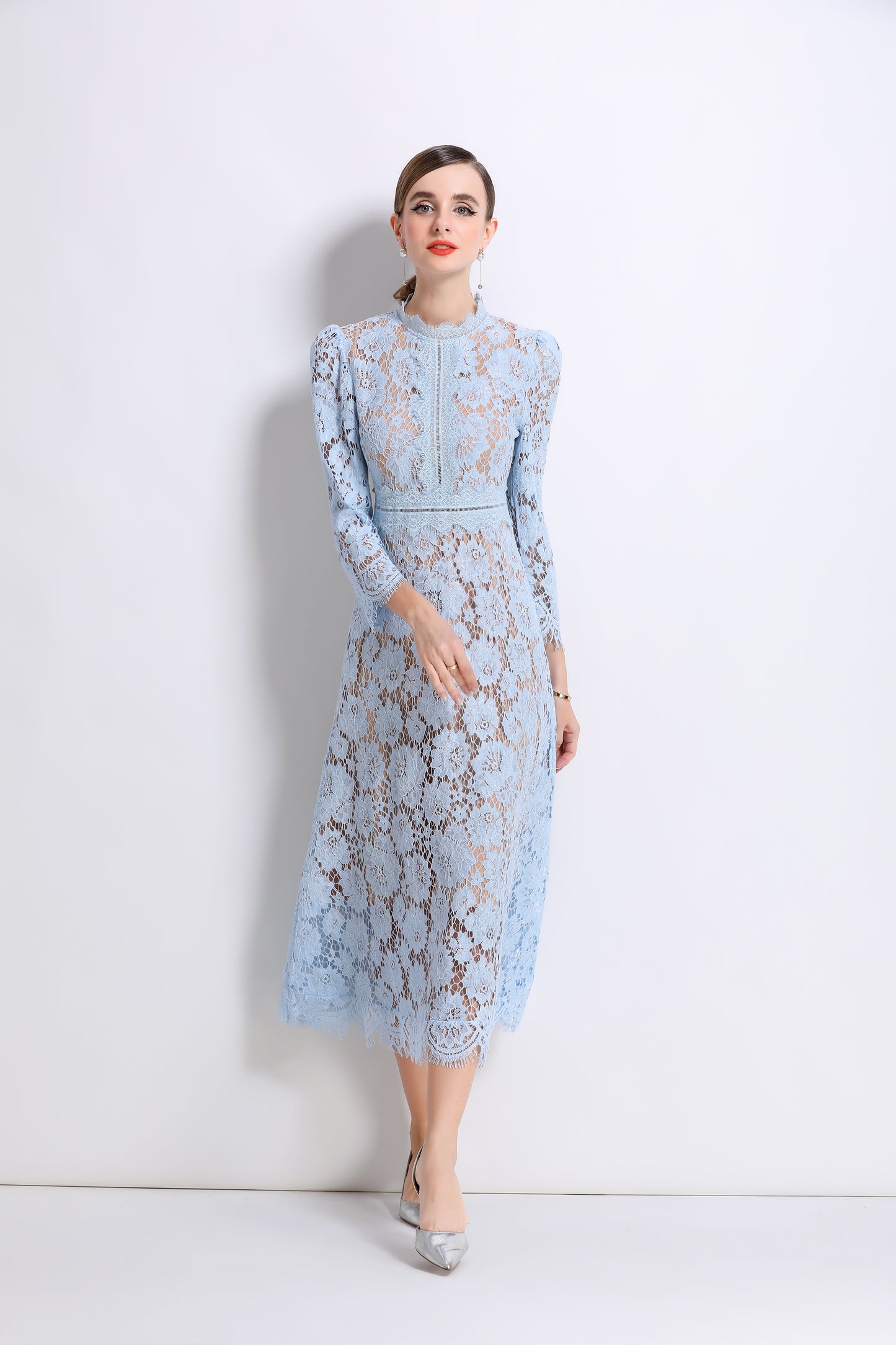 Women's 3/4 Sleeve Lace Overlay Midi Dress - LAI MENG FIVE CATS