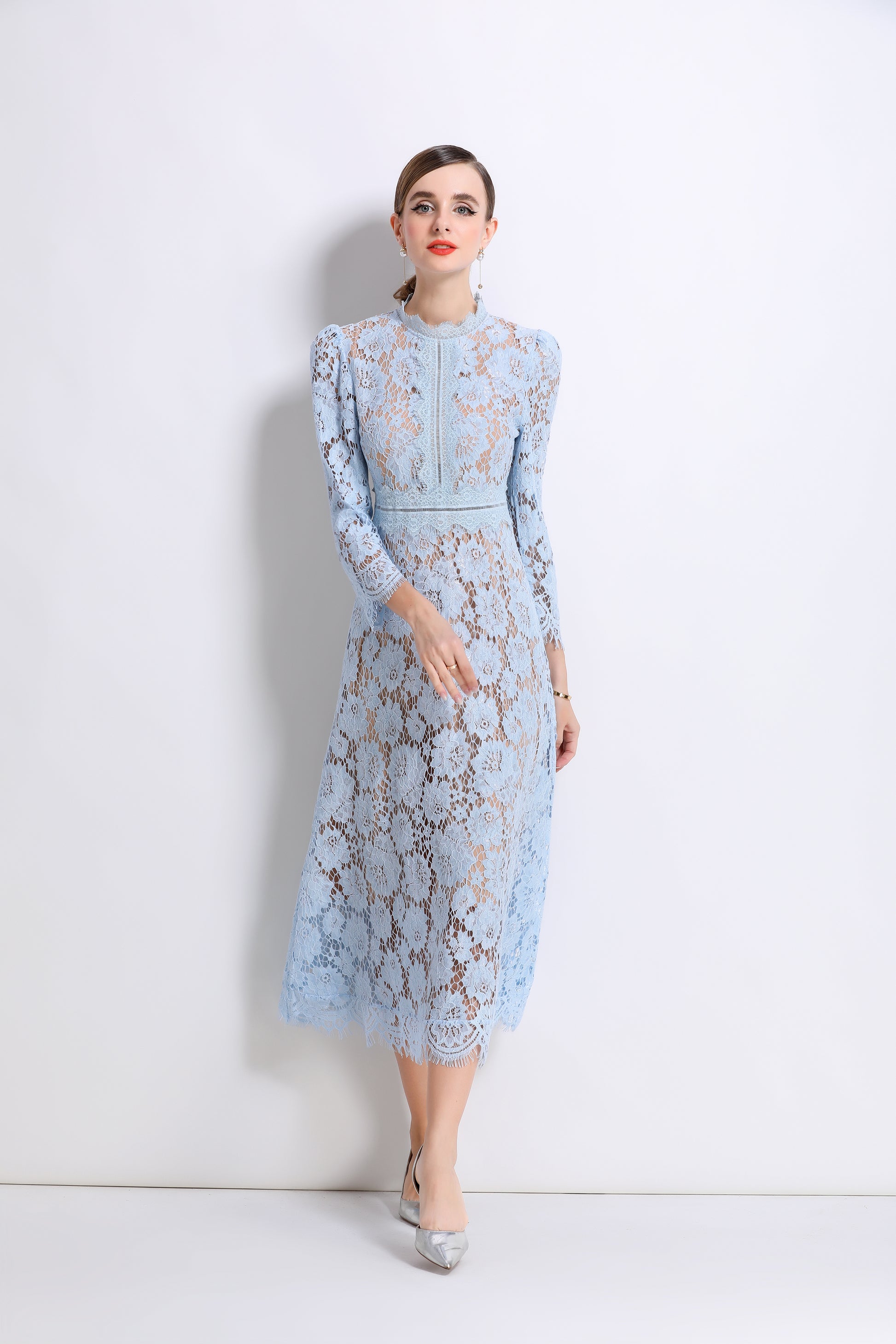 Women's 3/4 Sleeve Lace Overlay Midi Dress - LAI MENG FIVE CATS