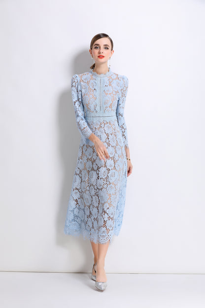 Women's 3/4 Sleeve Lace Overlay Midi Dress - LAI MENG FIVE CATS