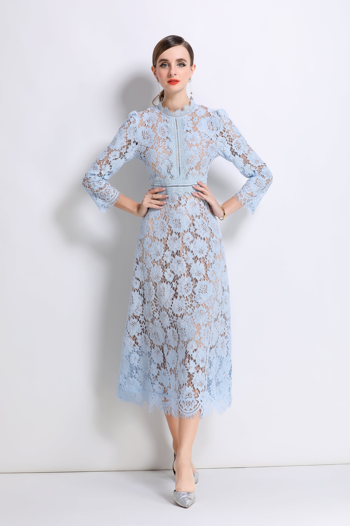 Women's 3/4 Sleeve Lace Overlay Midi Dress - LAI MENG FIVE CATS