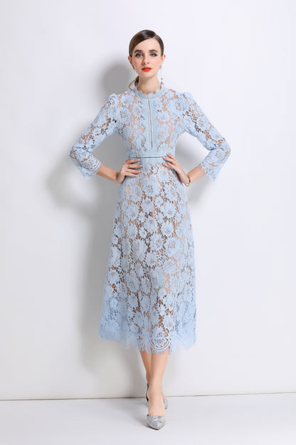 Women's 3/4 Sleeve Lace Overlay Midi Dress - LAI MENG FIVE CATS