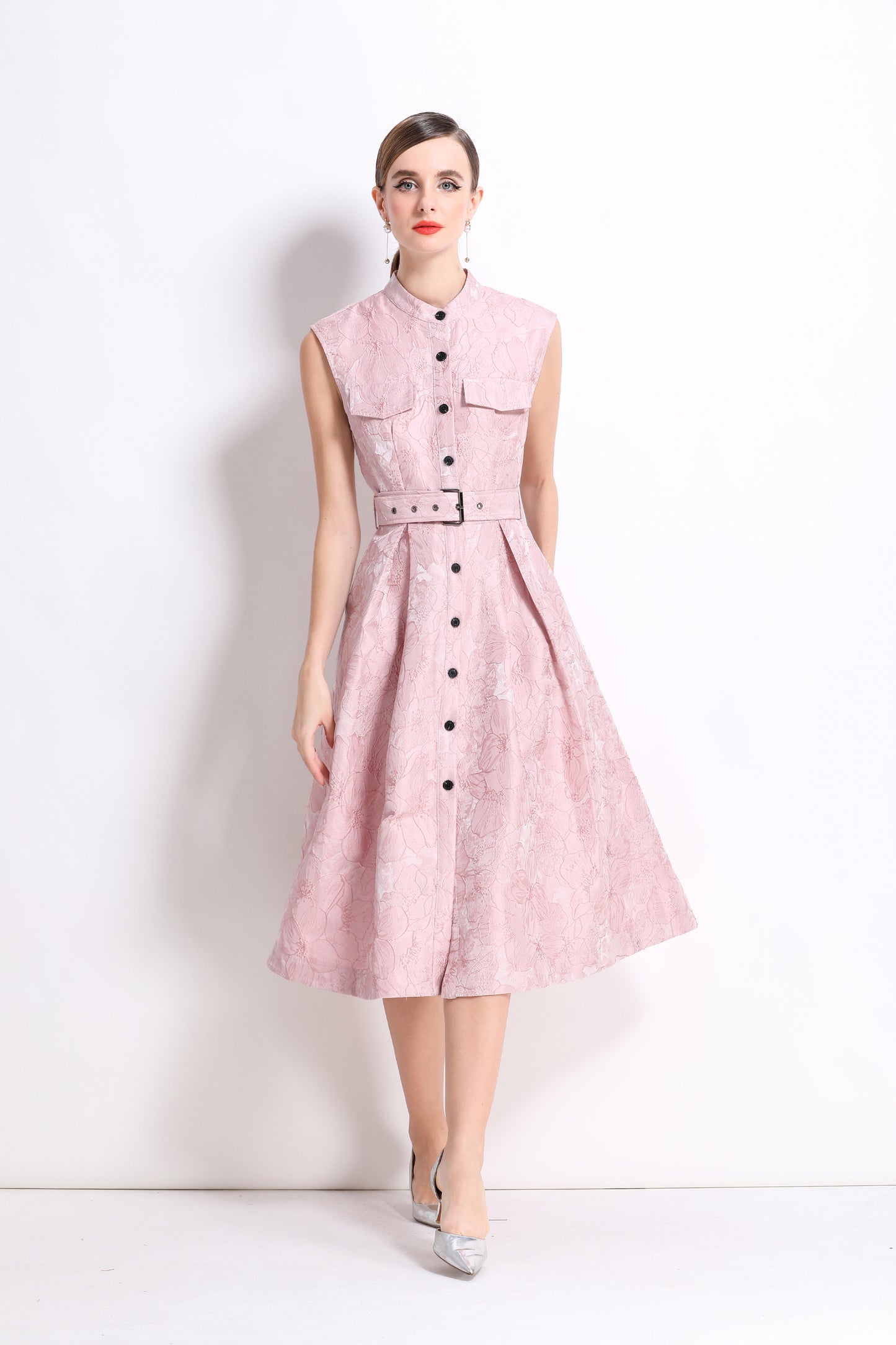 Pink Jacquard Midi Dress with Belt - LAI MENG FIVE CATS
