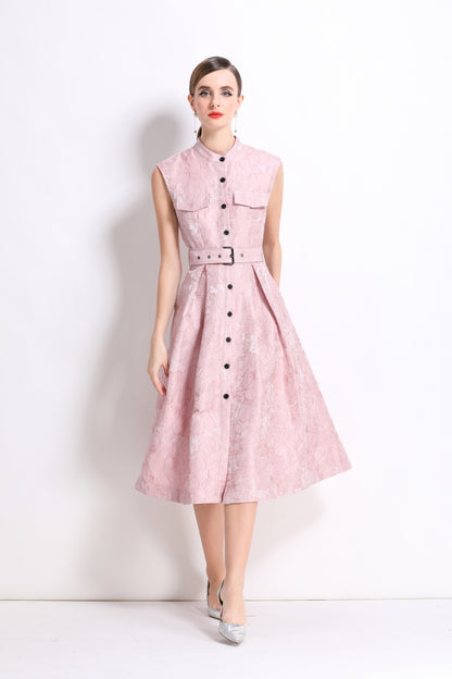 Pink Jacquard Midi Dress with Belt - LAI MENG FIVE CATS