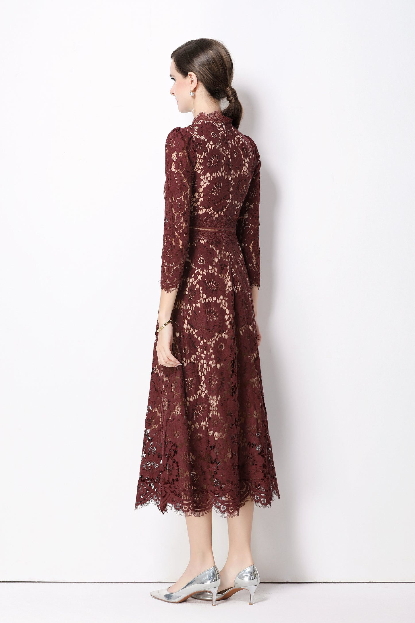 Women's 3/4 Sleeve Lace Overlay Midi Dress - LAI MENG FIVE CATS