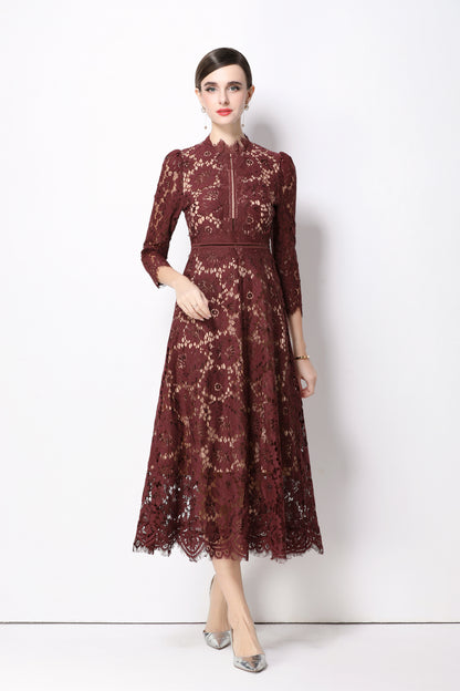 Women's 3/4 Sleeve Lace Overlay Midi Dress - LAI MENG FIVE CATS