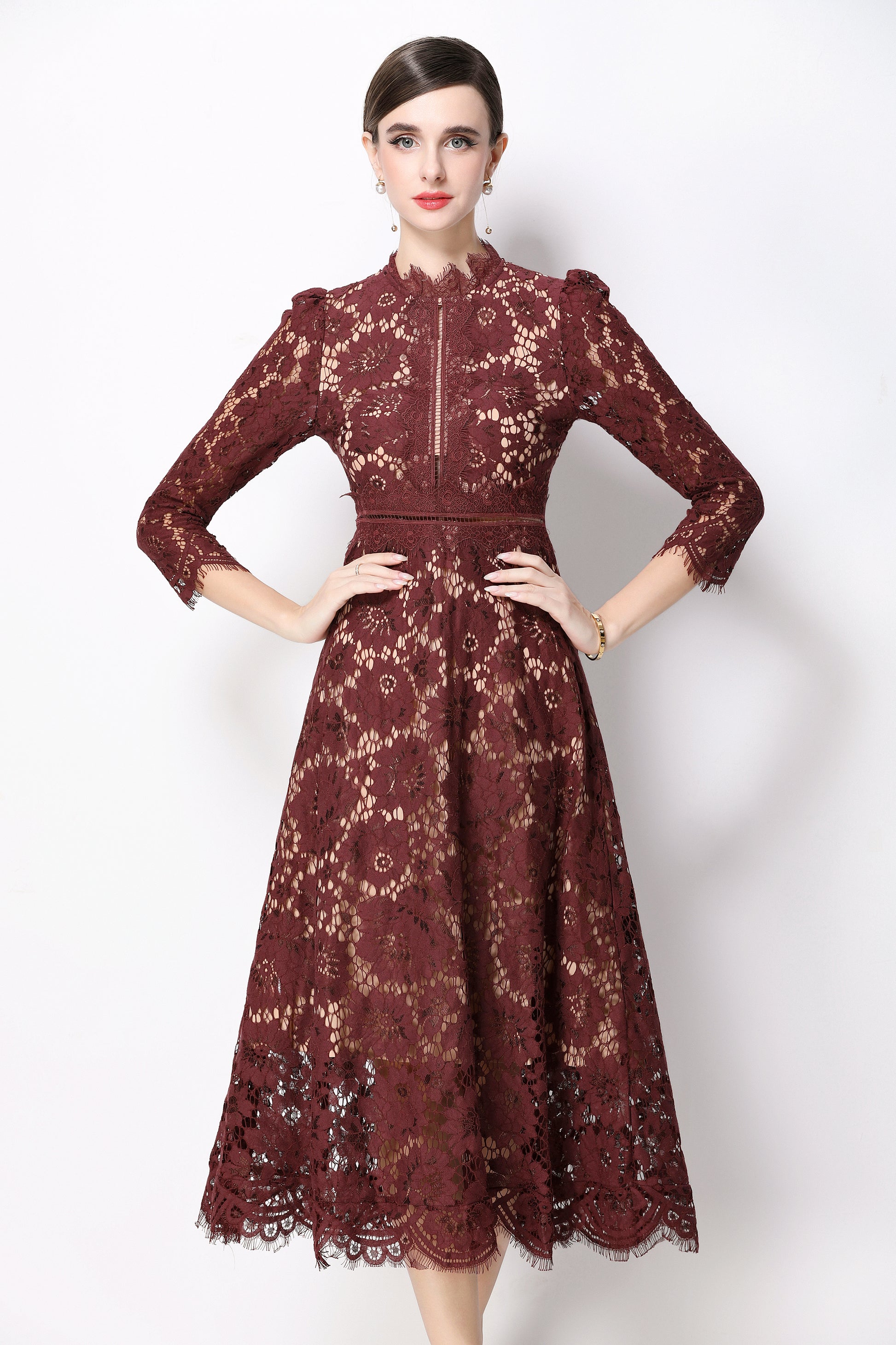 Women's 3/4 Sleeve Lace Overlay Midi Dress - LAI MENG FIVE CATS