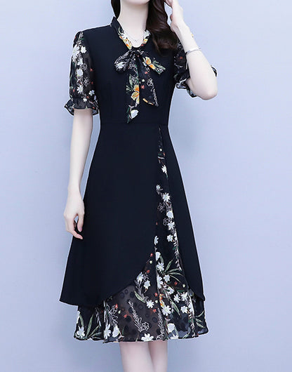 Floral Short Sleeve Tie-Neck Midi Dress