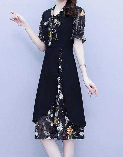 Floral Short Sleeve Tie-Neck Midi Dress