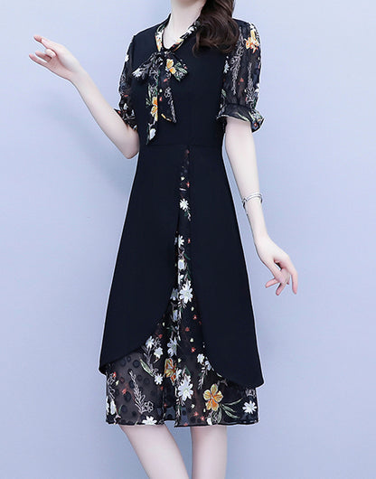 Floral Short Sleeve Tie-Neck Midi Dress