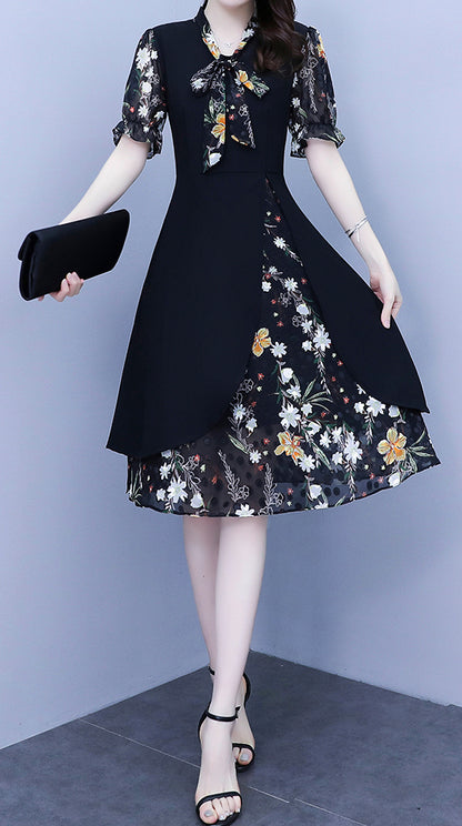 Floral Short Sleeve Tie-Neck Midi Dress