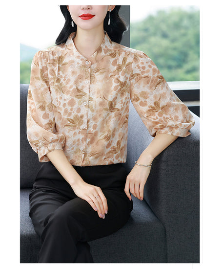 Women's Chinese Style Silk Satin  Button Jacquard Blouse