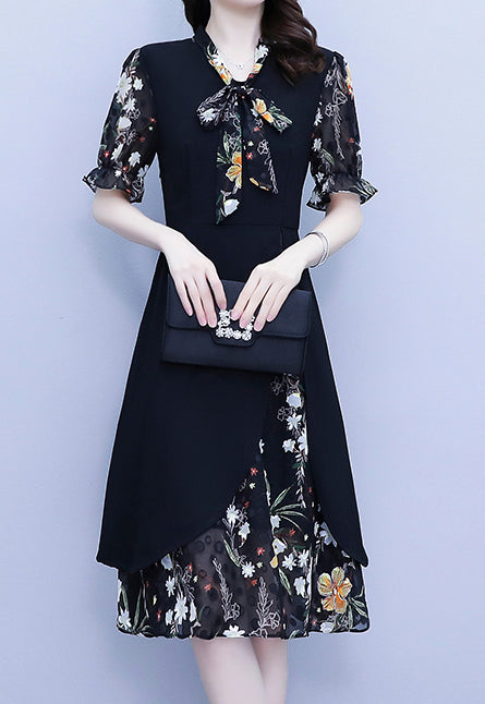 Floral Short Sleeve Tie-Neck Midi Dress