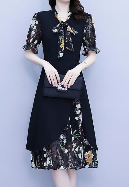 Floral Short Sleeve Tie-Neck Midi Dress