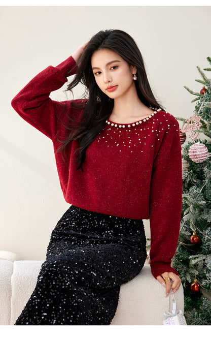 SD-Off Shoulder Shining Beads Pullover Sweater