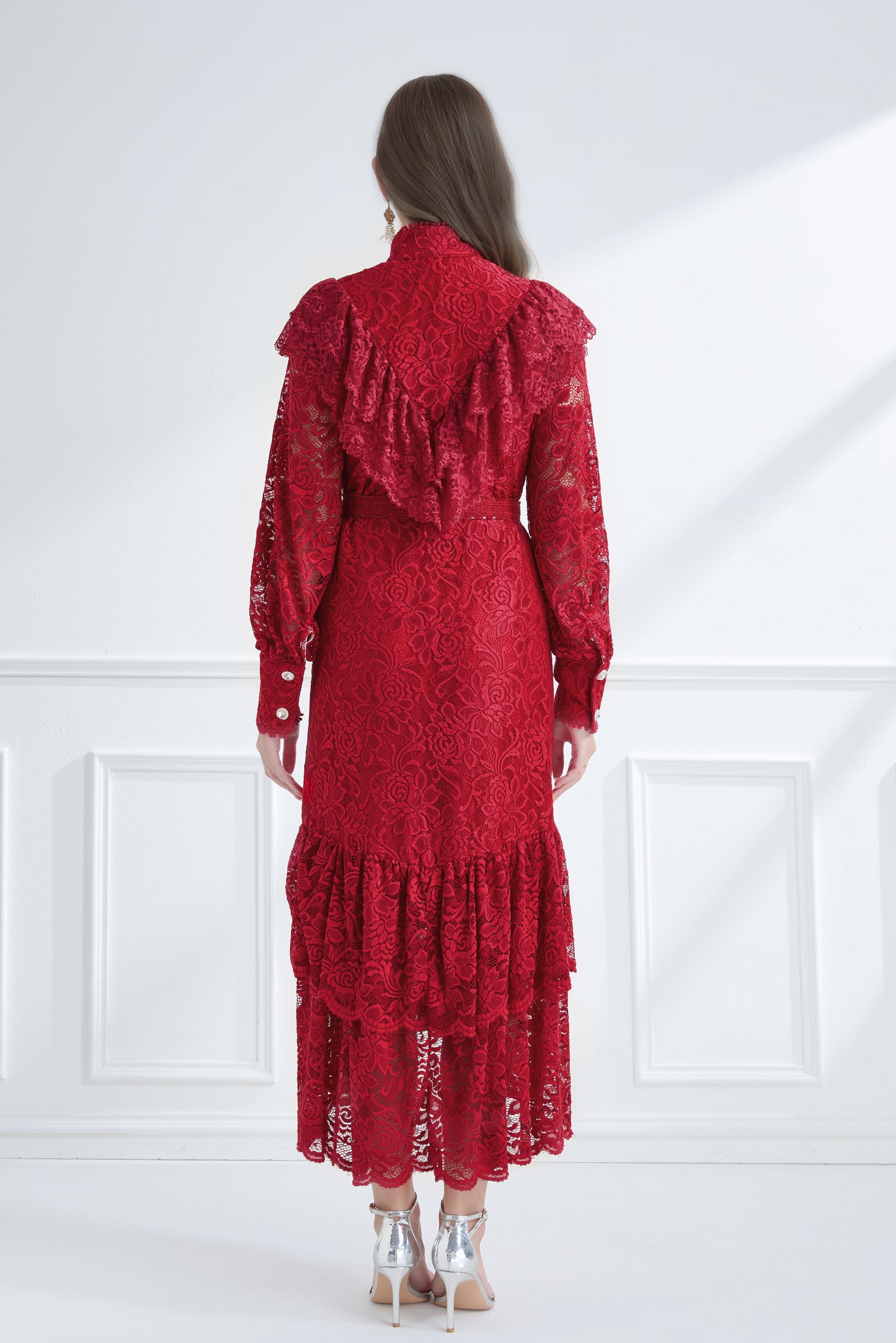 Women's Lace High Neck Ruffles Fishtail Maxi Dress