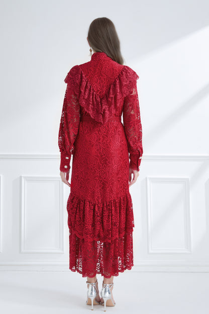 Women's Lace High Neck Ruffles Fishtail Maxi Dress