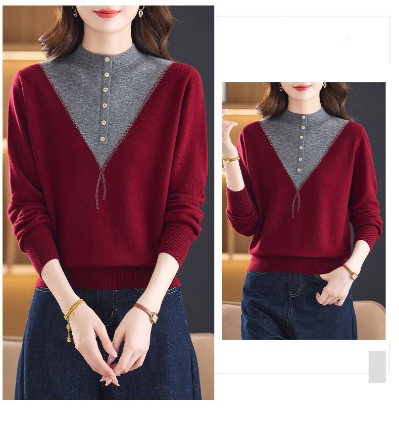 Women's Mock Neck Ribbed Sweaters Knit Patchwork Tops
