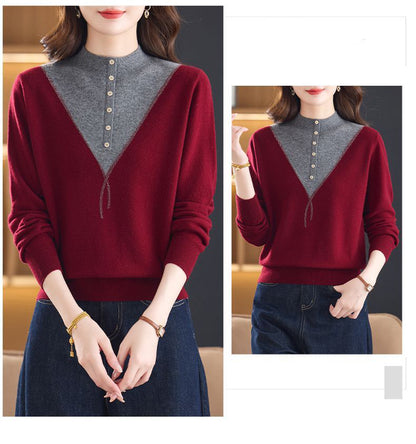 Women's Mock Neck Ribbed Sweaters Knit Patchwork Tops