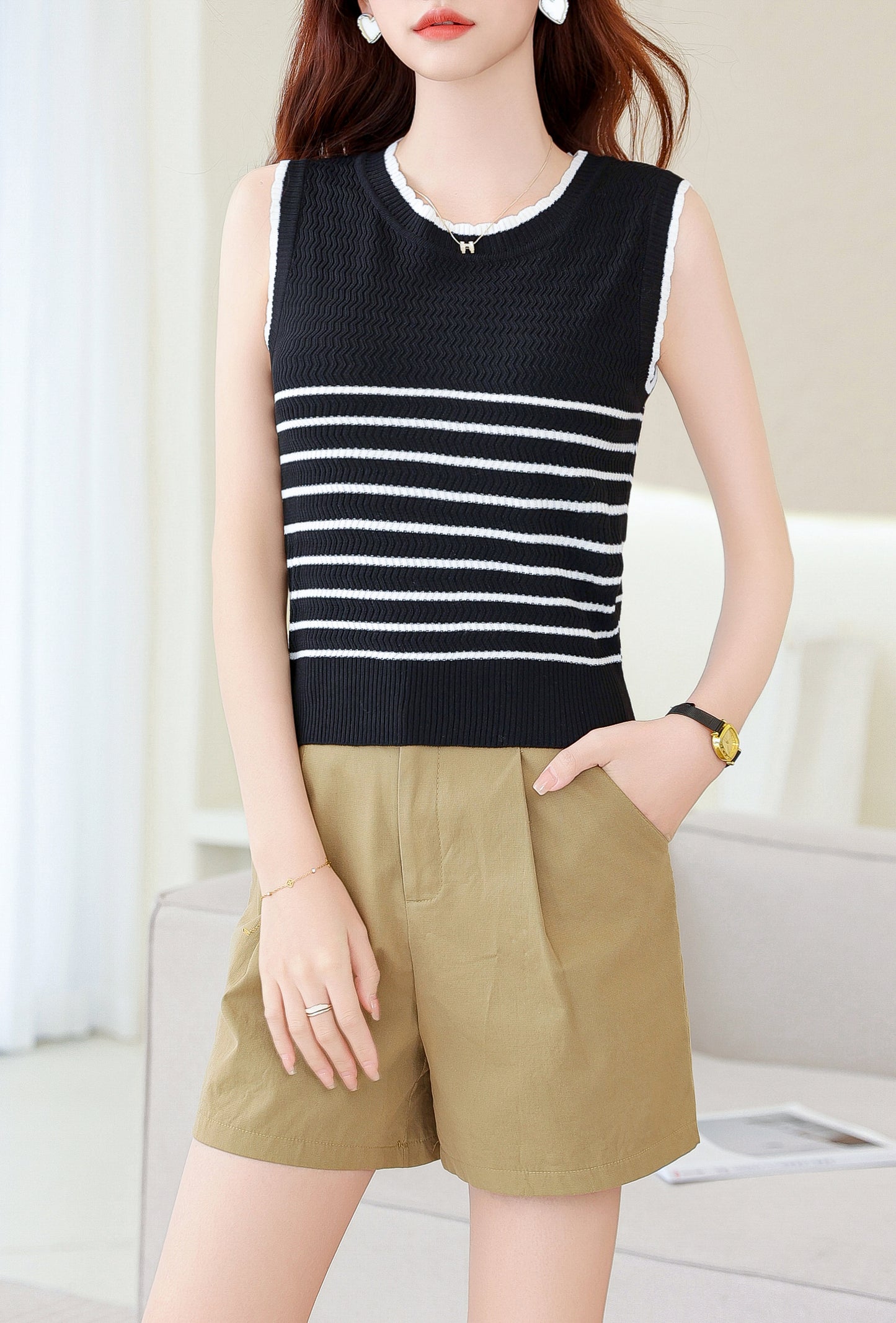 Women's Striped Sleeveless Shirt Ribbed Knit Tops