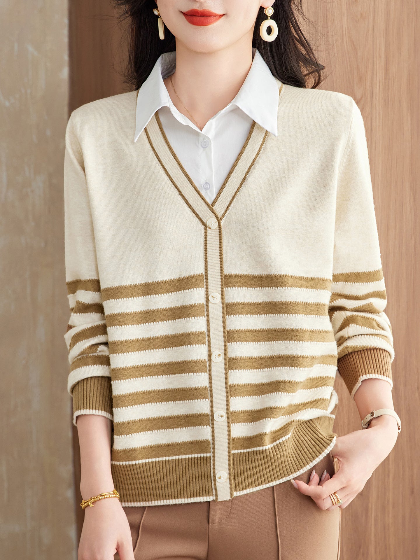 Women's Striped Sweater 2 in 1 Lapel Knit Pullover