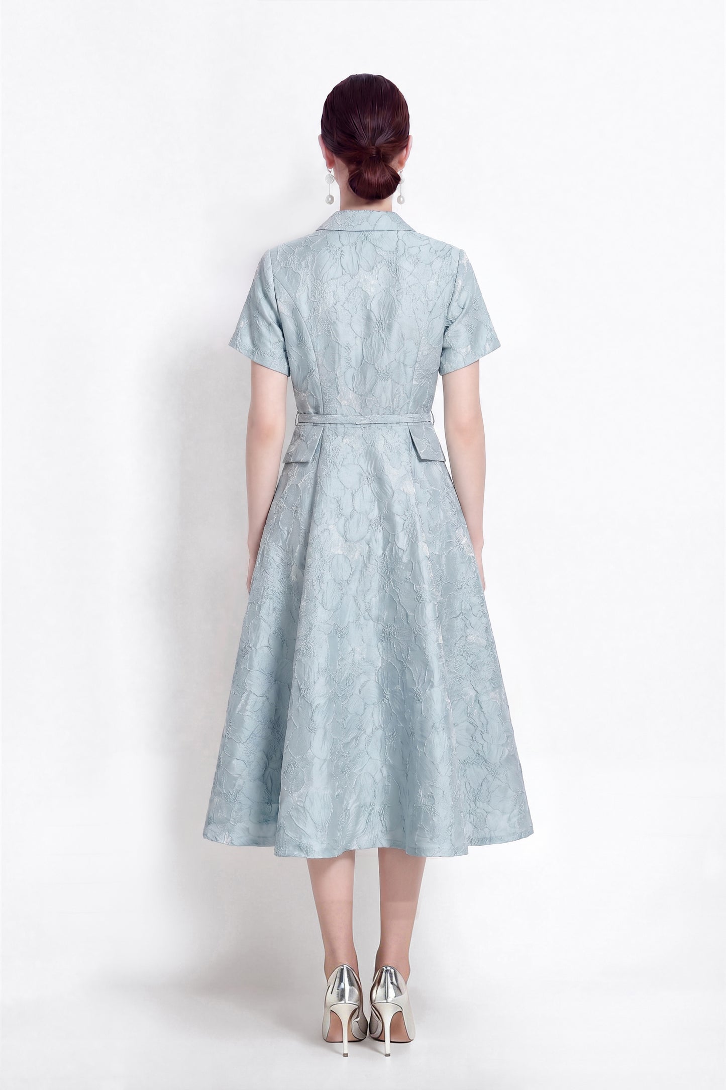 Luxury Jacquard Button-Front A-Line Midi Dress with Belt