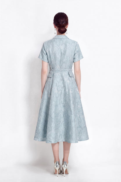 Luxury Jacquard Button-Front A-Line Midi Dress with Belt
