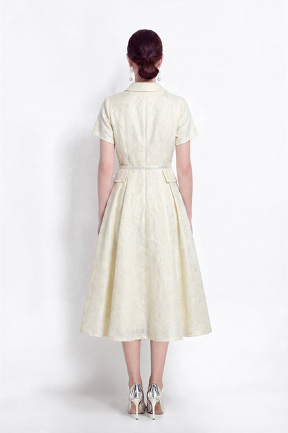 Luxury Jacquard Button-Front A-Line Midi Dress with Belt