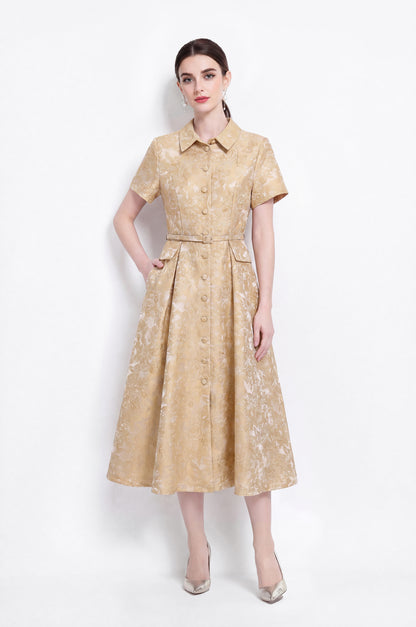 Luxury Jacquard Button-Front A-Line Midi Dress with Belt