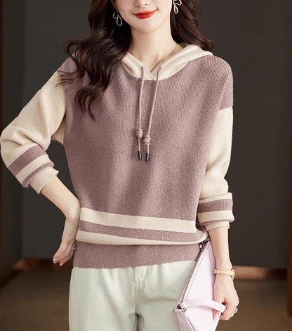 Women's Striped Color Block Hoodies Sweater Knit Tops