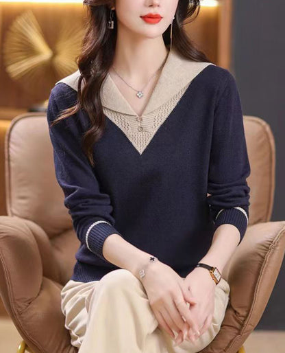 Chic Contrast Collar Knit Sweater - Elegant V-Neck Pullover