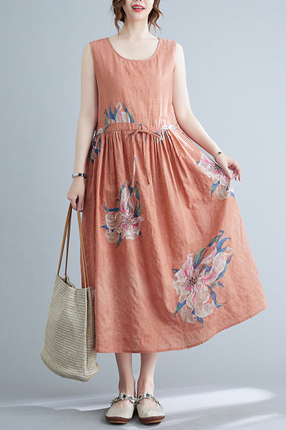 Pink Floral Print Loose Strappy Dress with Pocket