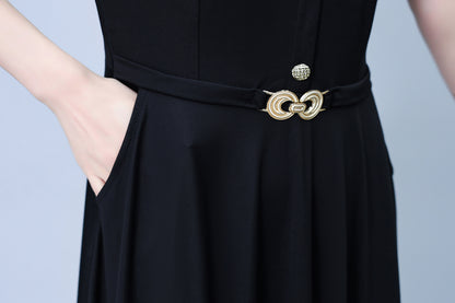 Women's Lapel V-Neck Pocket Short Sleeve Midi Dress - LAI MENG FIVE CATS