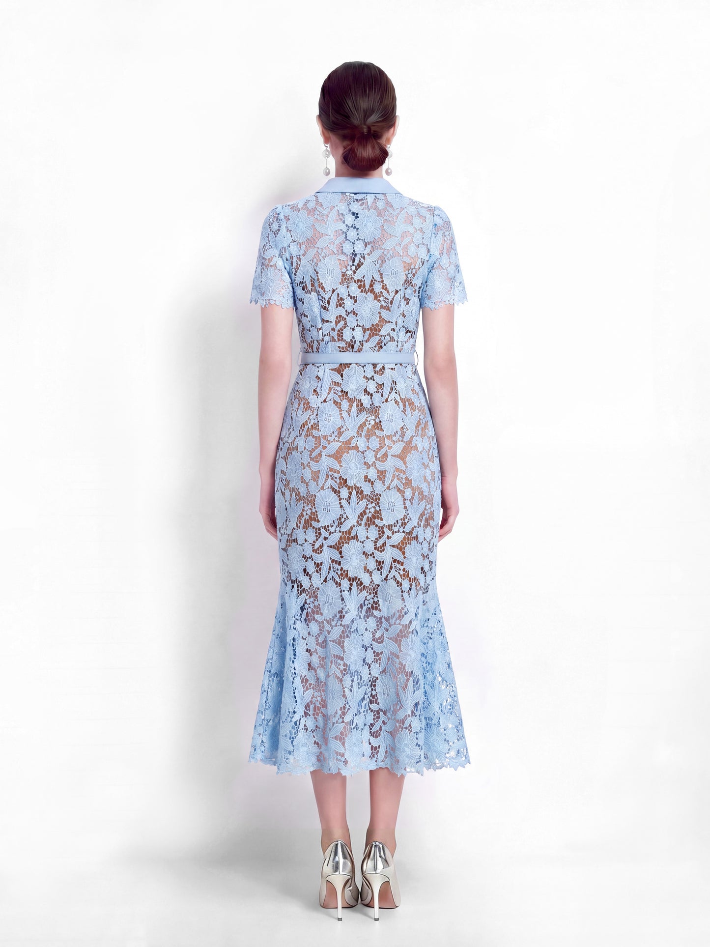 Lace Button Up Midi Fishtail Hem Dress With Belts