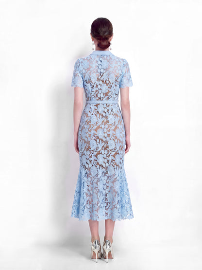 Lace Button Up Midi Fishtail Hem Dress With Belts