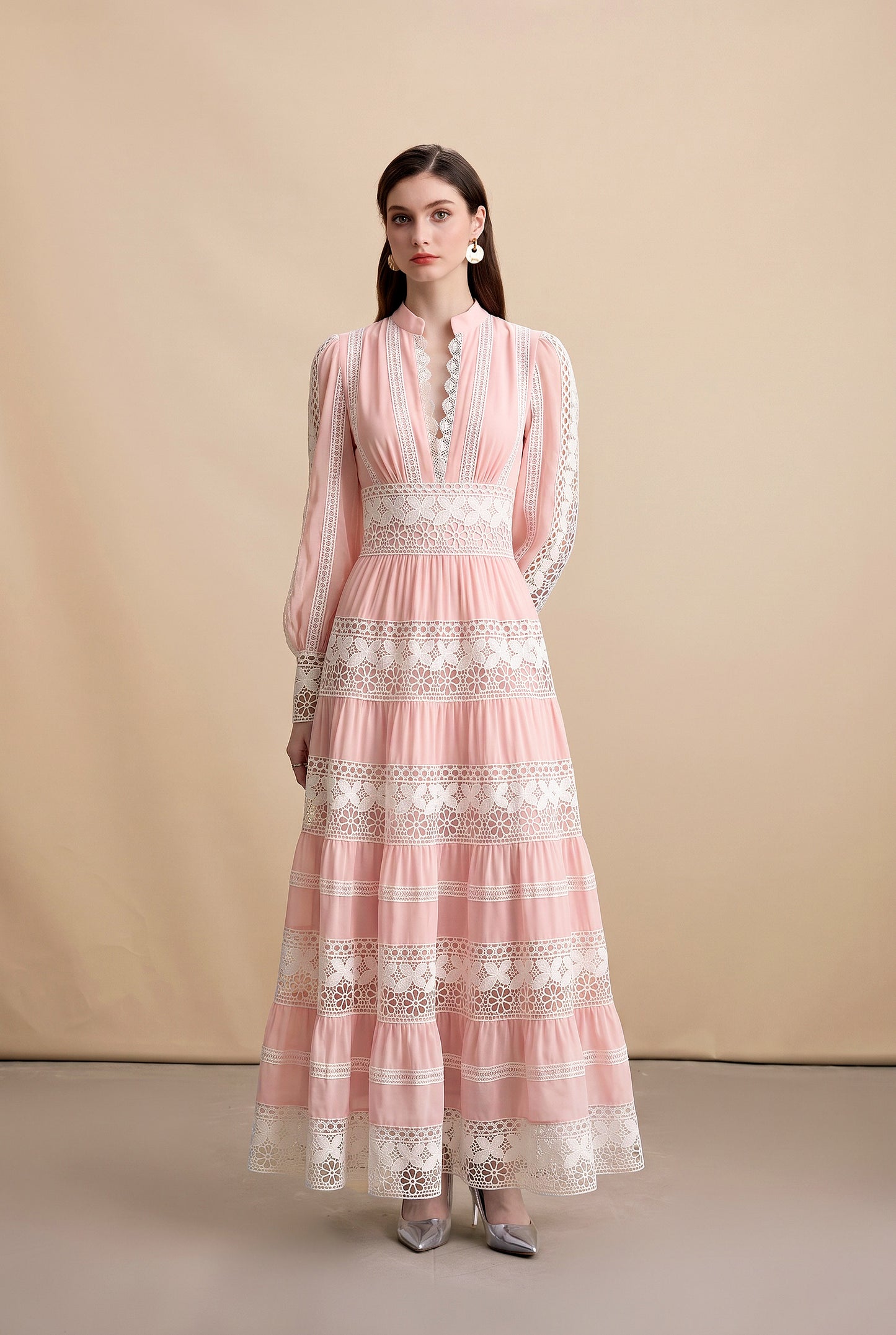 Blush Pink Lace Tiered Maxi Dress – Elegant Early Fall Occasion Dress