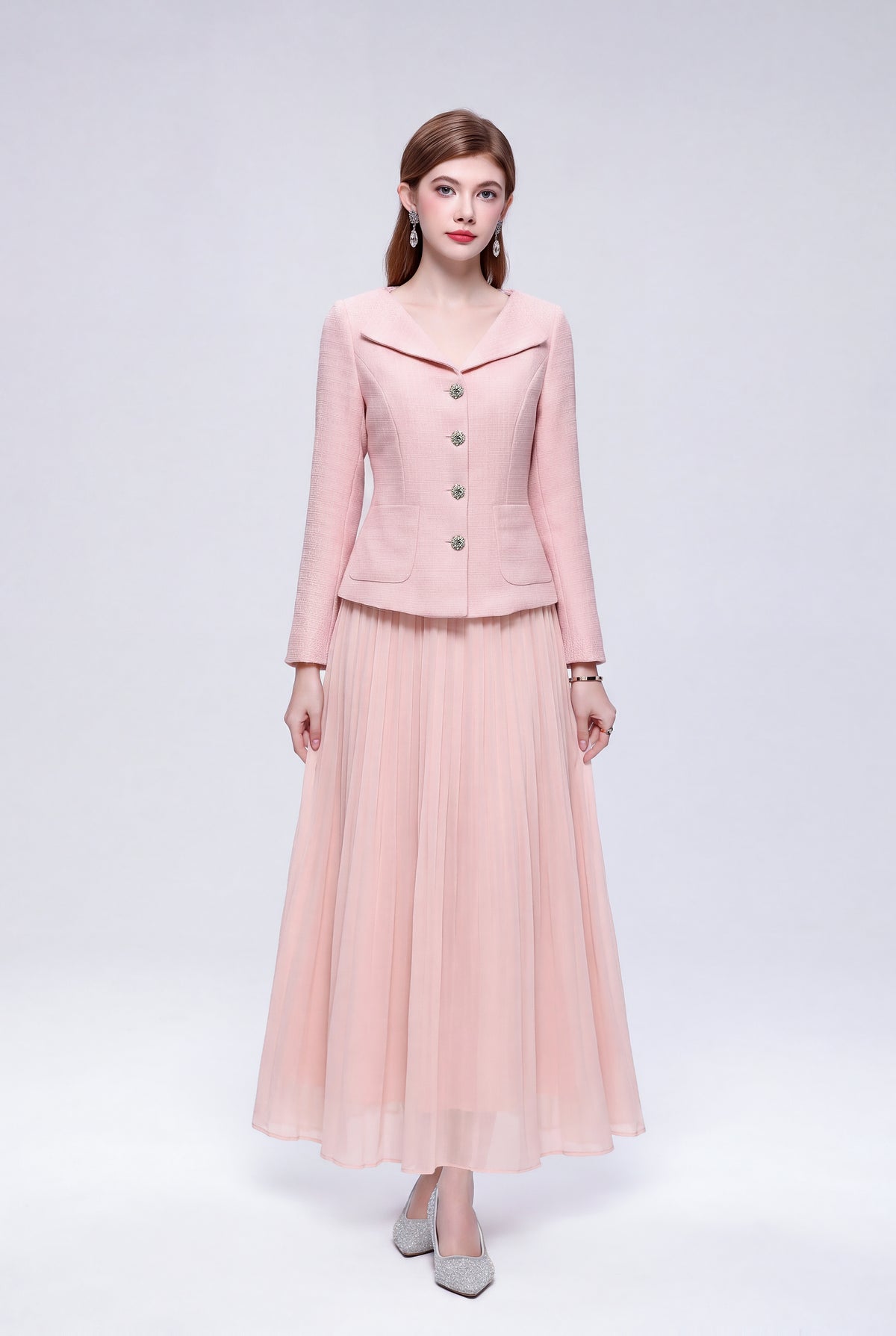 28730 Elegant Two-Piece Pleated Maxi Skirt Set – Pink, Beige & Black