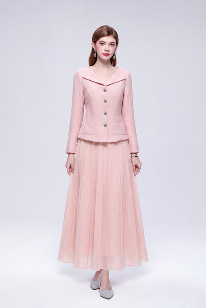 28730 Elegant Two-Piece Pleated Maxi Skirt Set – Pink, Beige & Black