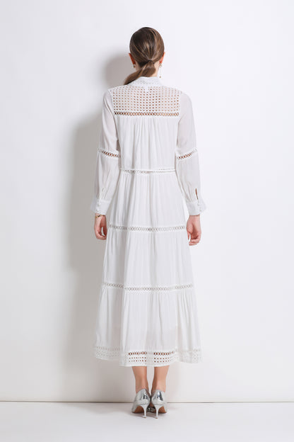 Women's Hollow Out Lace Button Long Sleeve Maxi Dress