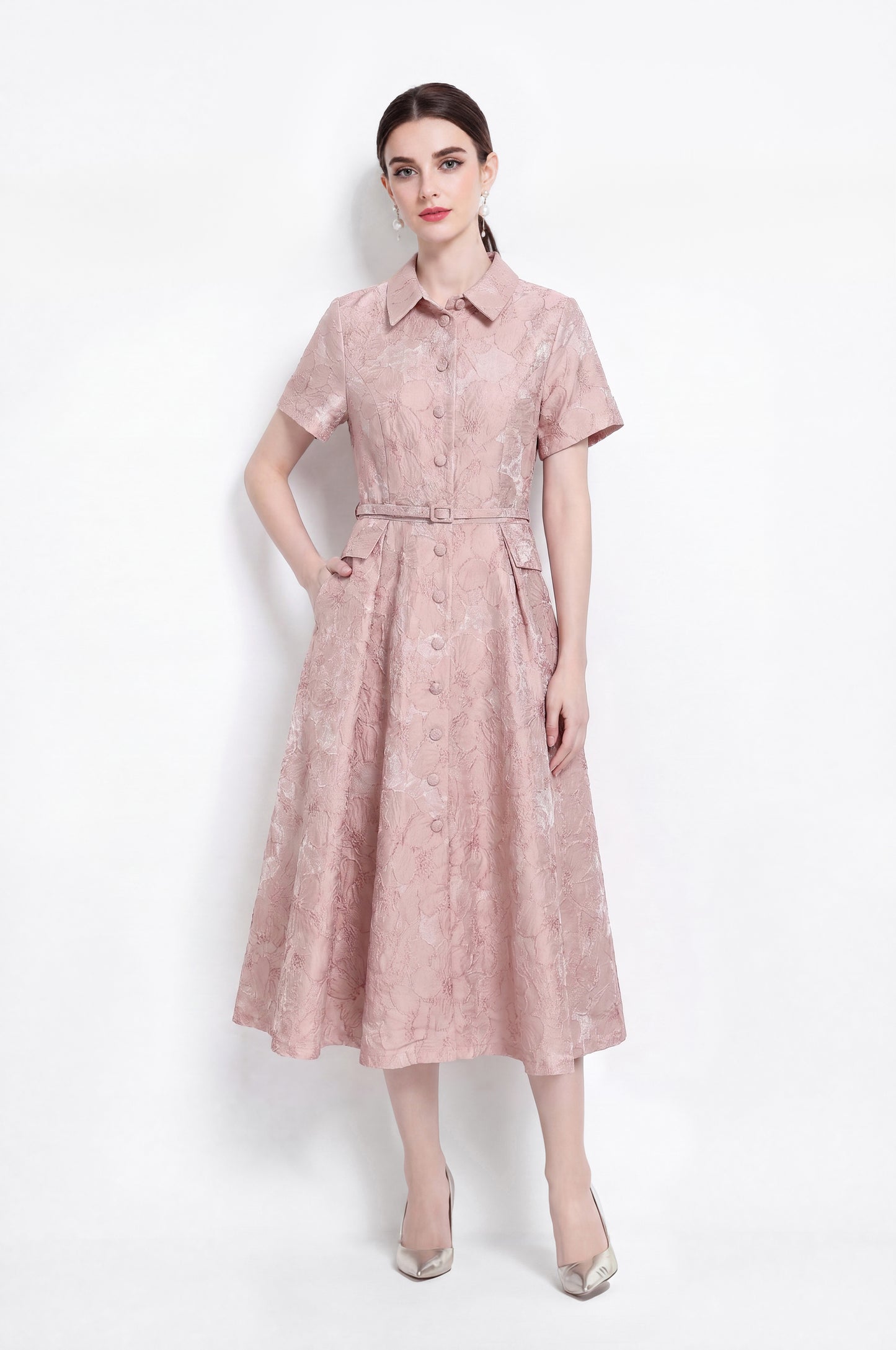 Luxury Jacquard Button-Front A-Line Midi Dress with Belt