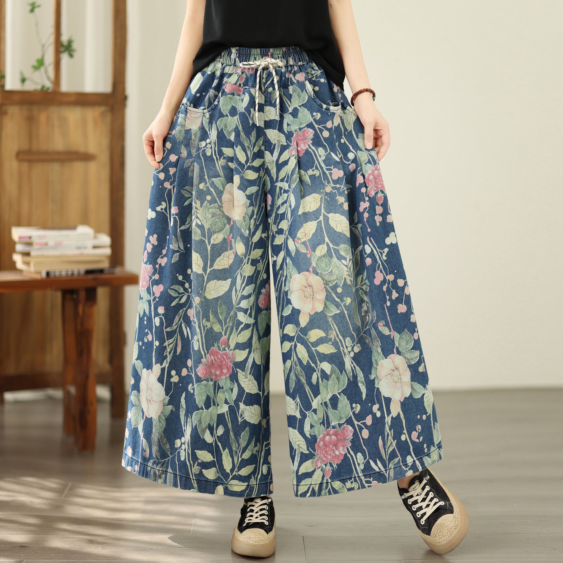 Women's Wide Leg Jeans Baggy Floral  Wasited Elastic Pants - LAI MENG FIVE CATS