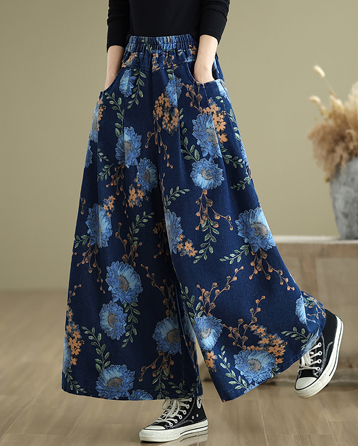 26804 Blue Floral Print Wide-Leg Jeans with Elastic Waist
