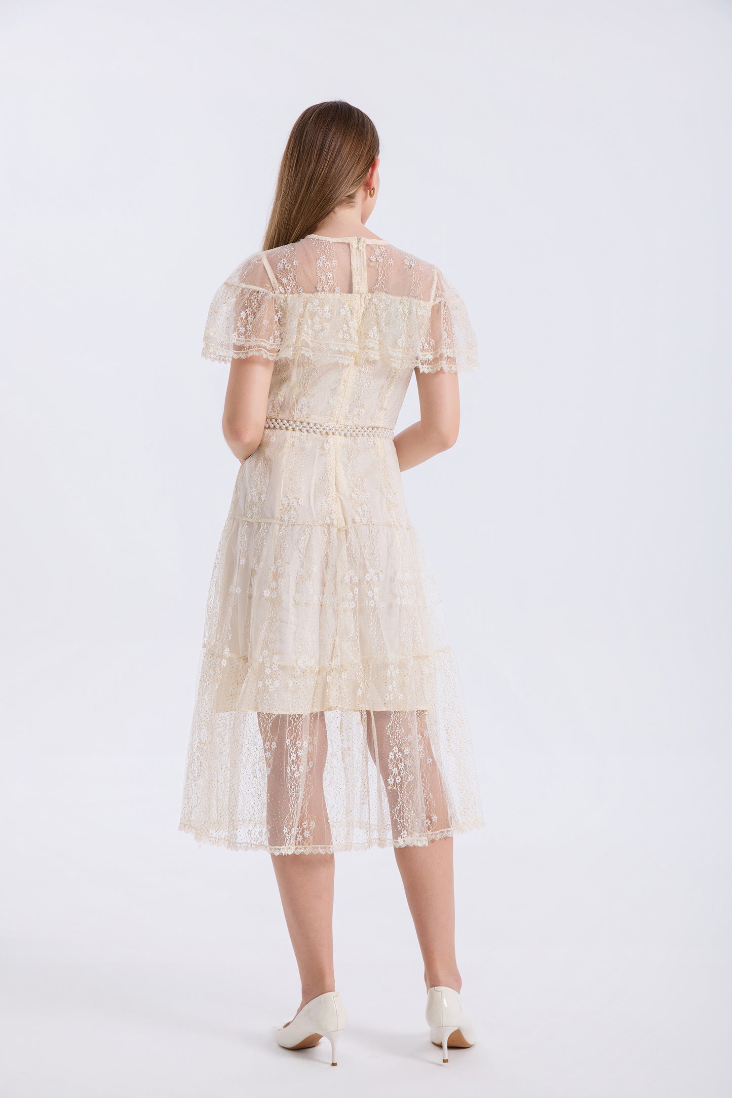 LAI MENG FIVE CATS Ivory Lace Embroidery Dress with Pearl Belt