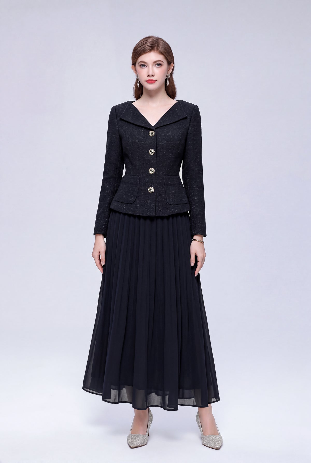 28730 Elegant Two-Piece Pleated Maxi Skirt Set – Pink, Beige & Black