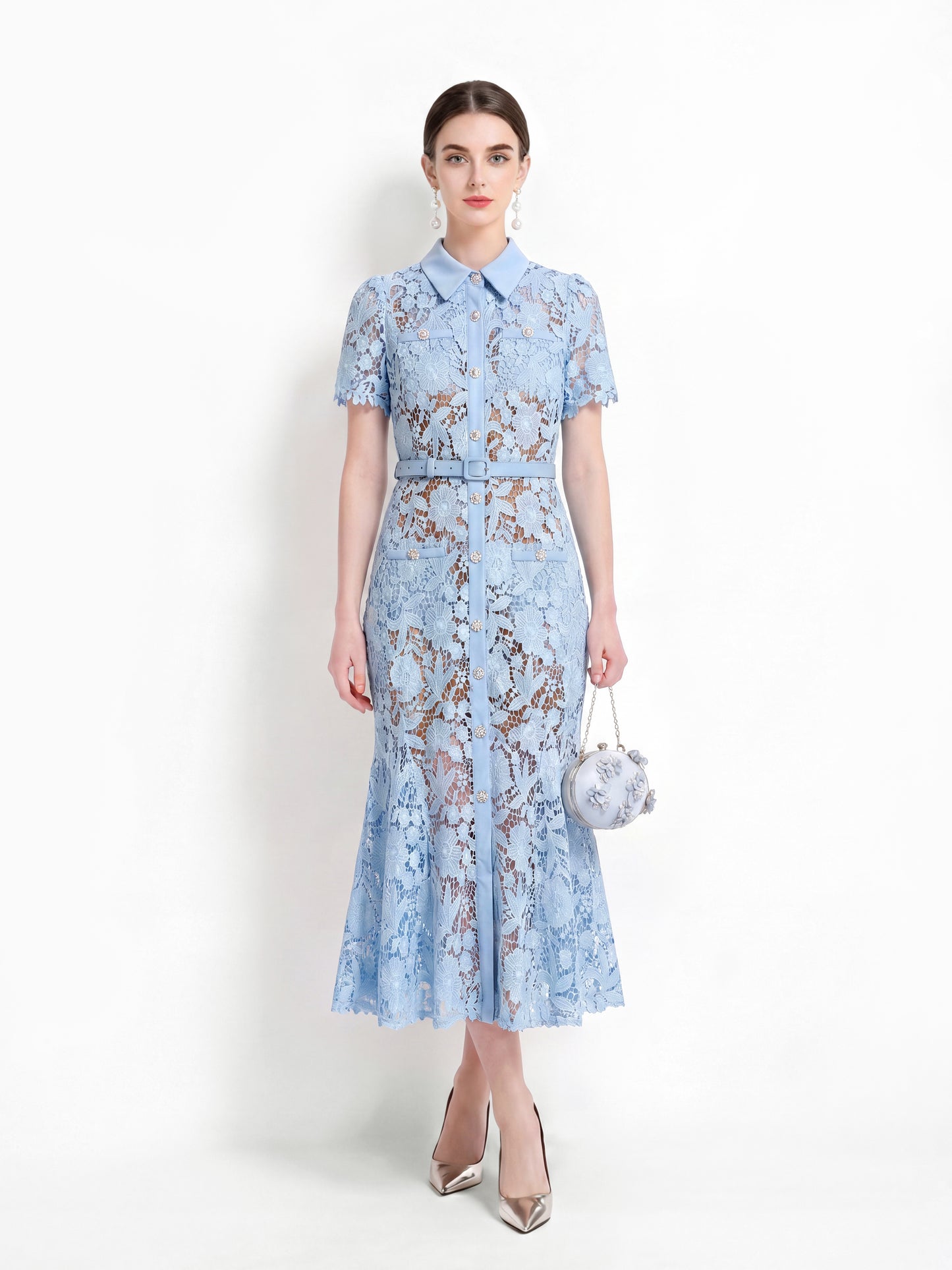 Lace Button Up Midi Fishtail Hem Dress With Belts