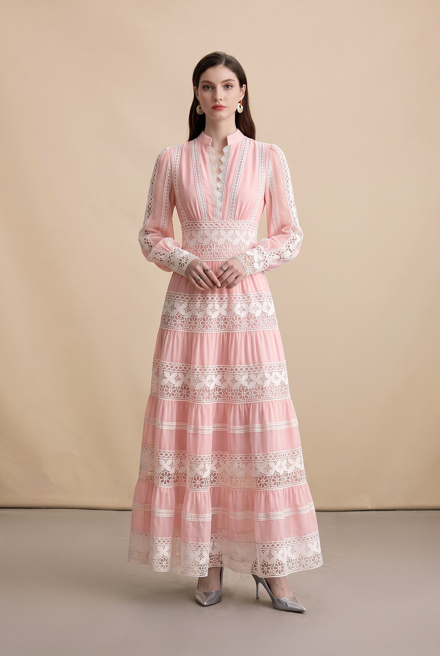 Blush Pink Lace Tiered Maxi Dress – Elegant Early Fall Occasion Dress