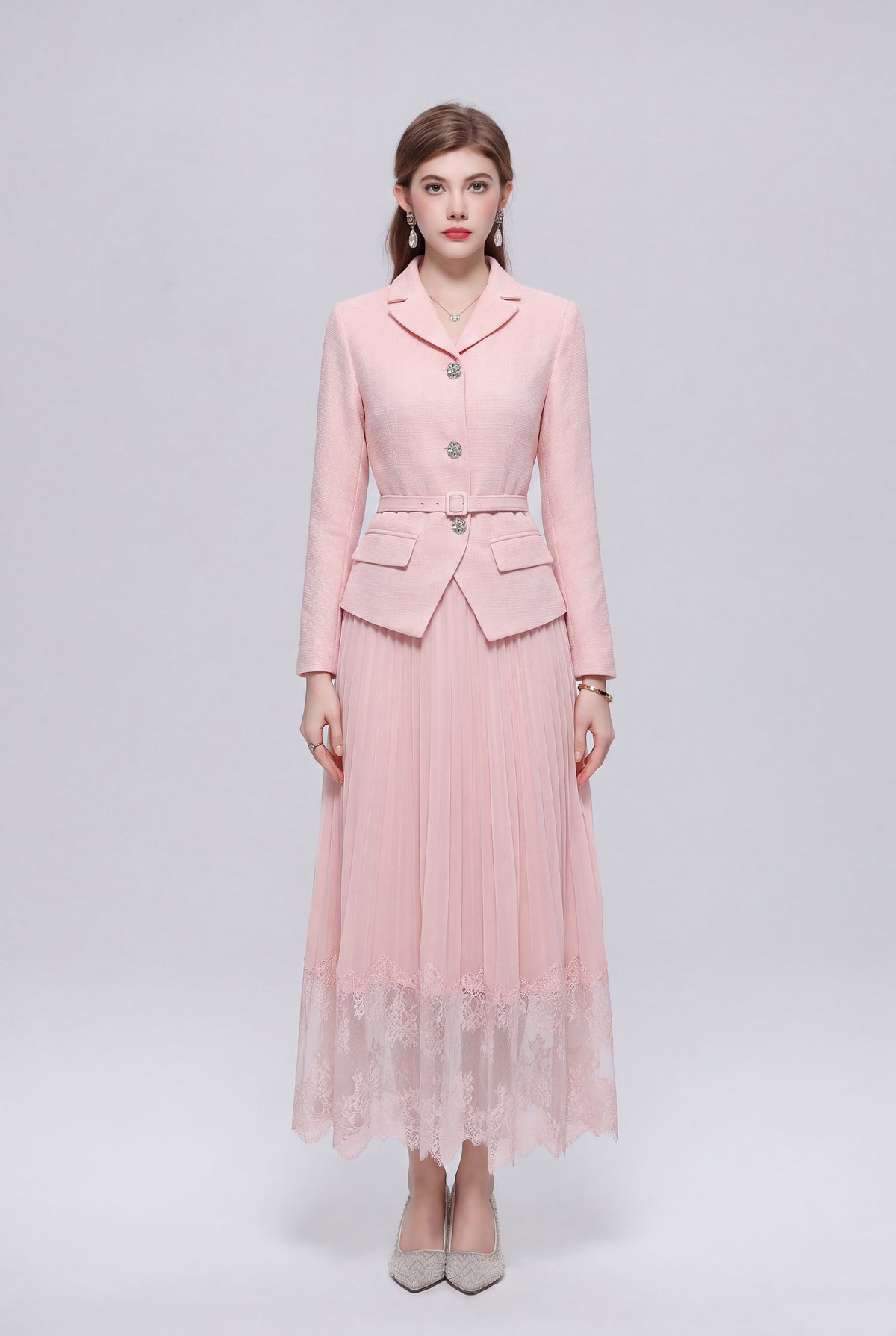 Elegant Two-Piece Pleated Skirt Suit Set for Women | Pink, Black & Beige