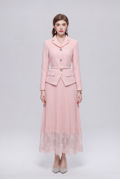 Elegant Two-Piece Pleated Skirt Suit Set for Women | Pink, Black & Beige