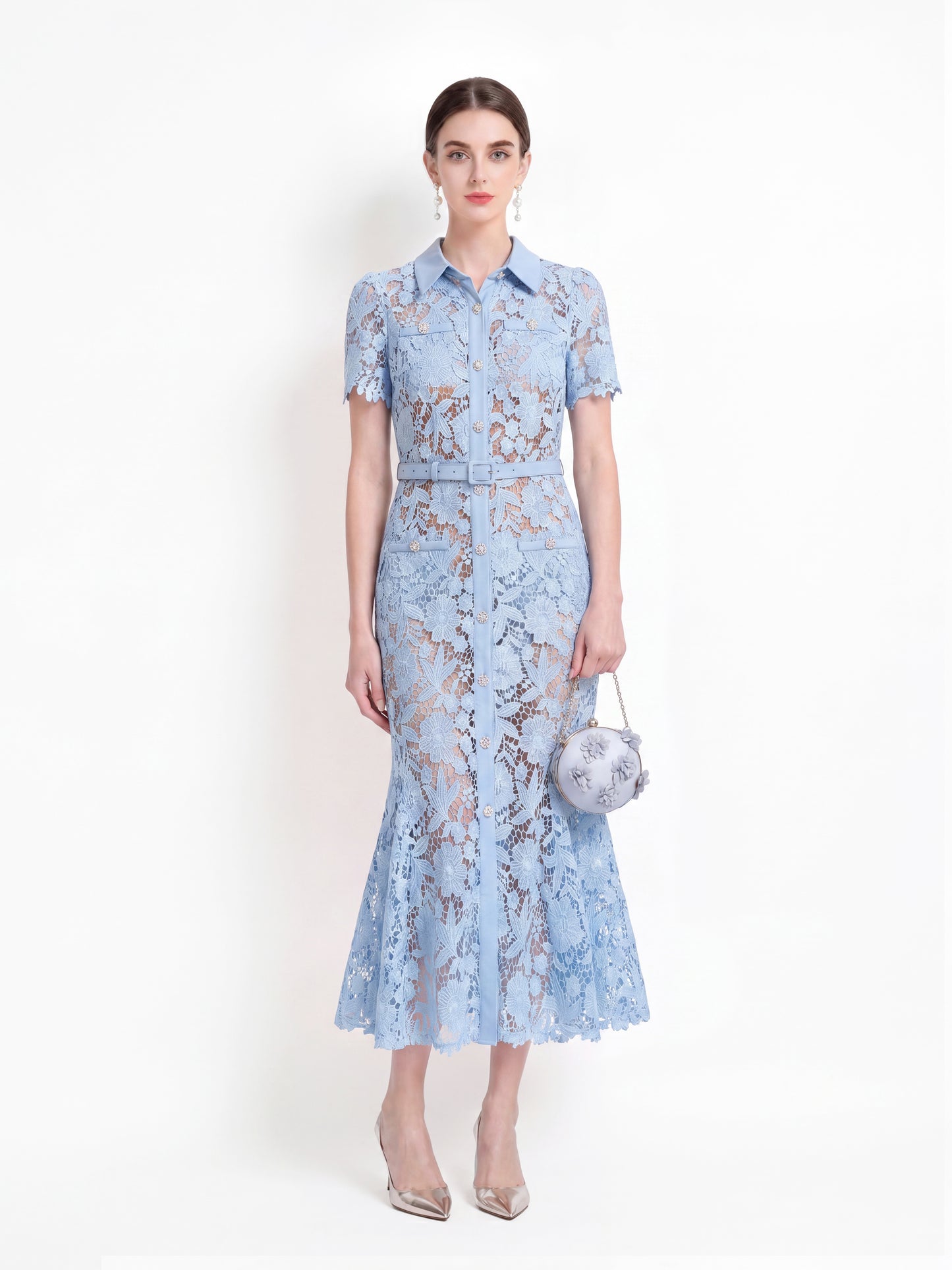 Lace Button Up Midi Fishtail Hem Dress With Belts
