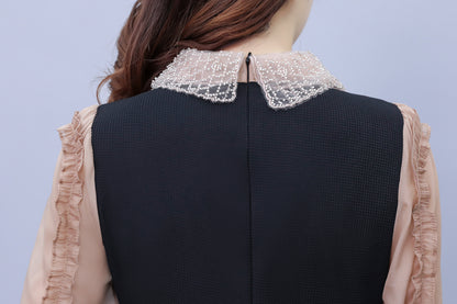 Women's Peter Pan Collar Long Sleeve Black Dress with Pocket